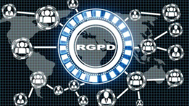 Businessman presses button RGPD general data protection regulation on virtual electronic user web interface Global communication. Maps  digital technology animated background concept.4k video.