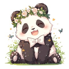 Adorable panda with a floral crown  bowtie sits amid grass  fluttering butterflies