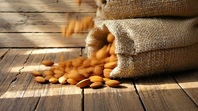 A rustic scene featuring burlap sacks spilling almonds onto a wooden table, with soft sunlight highlighting the texture