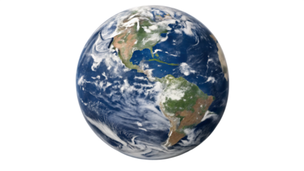 Planet Earth isolated on transparent background, showing continents, oceans, and cloud formations
