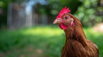 Close-up Portrait of a Brown Hen in a Lush Green Garden