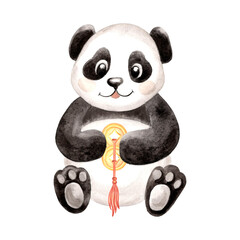 Cute baby panda with amulet chinese lucky coins watercolor illustration for kids design. Hand drawn isolated funny little black and white bear. Smiling adorable animal character for children theme.