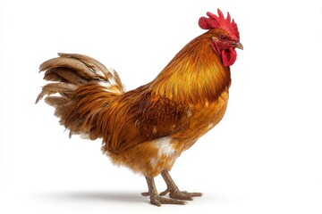 A fullbodied rooster stands plumage a mix of brown  gold with a prominent red comb