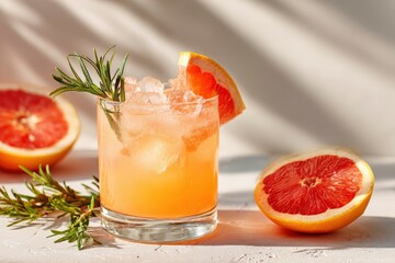 A grapefruit cocktail in a glass garnished with rosemary and grapefruit sits alongside halved grapefruits on a textured surface