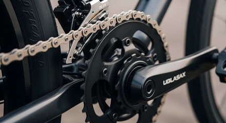 Fototapeta premium A detailed close-up of a bicycle's chain derailleur and crankset showing its mechanical parts