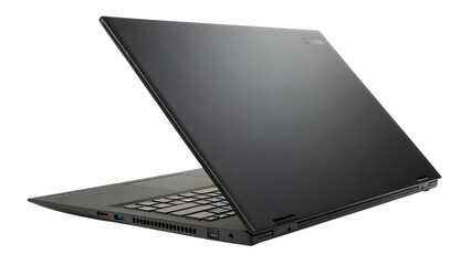 A sleek black laptop is slightly open and isolated on transparent background