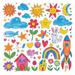 Cute kid scribble line flower, heart. rainbow background. Hand drawn doodle sketch childish element set. Flower, heart, cloud children draw style design elements background. Vector illustration