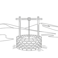 Fototapeta premium Brick Well Drawing in Desert Landscape Line art