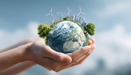 Energy panels and windmills in hand. Green power concept