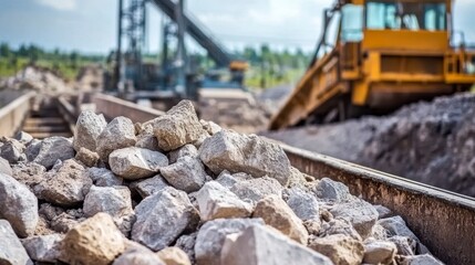 Obraz premium Close-up of rocks on conveyor belt at quarry. Heavy machinery in background.