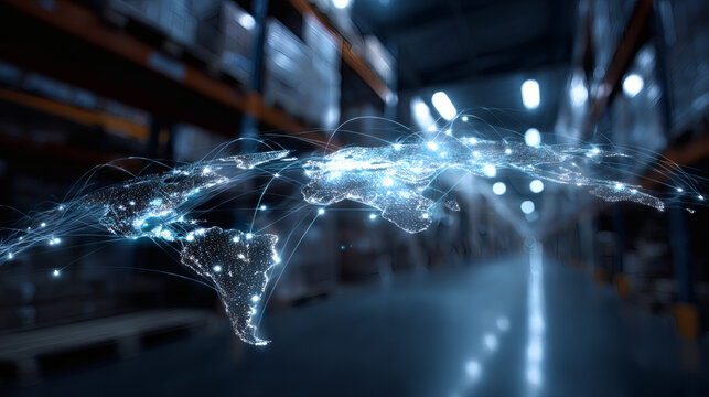 A digital network map showcasing global connectivity inside a modern warehouse environment with illuminated nodes and connecting lines.