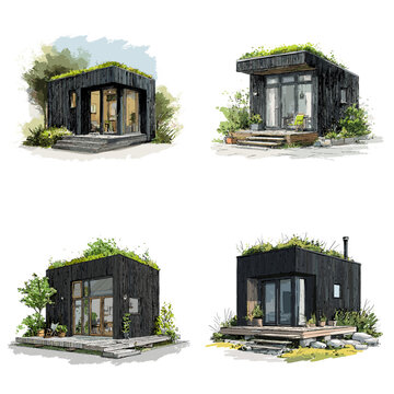 Modern eco-friendly black micro homes with flat green roofs and minimalist cube design, sketched with greenery and sustainable architecture principles.

