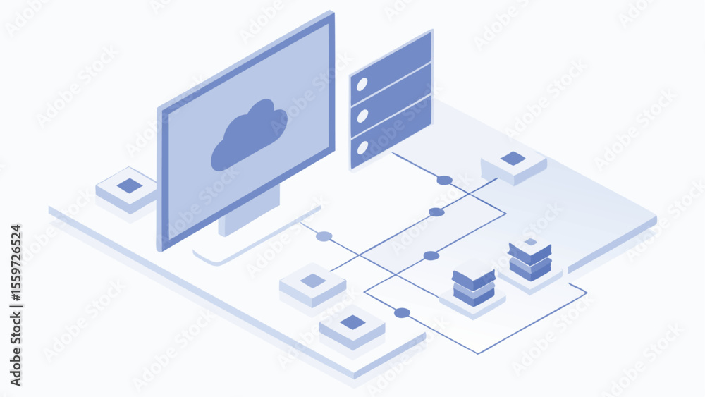 Poster isometric representation of a cloud computing network with server and data connections shown clearly