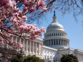 Capitol Building blurred with blossoming tree in focus framing the dome under a clear sky