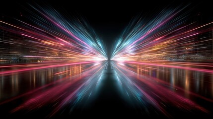 Futuristic Abstract Light Speed Lines with Glowing City Background, Symbolizing Ultra-Fast Internet Technology for Business and Travel