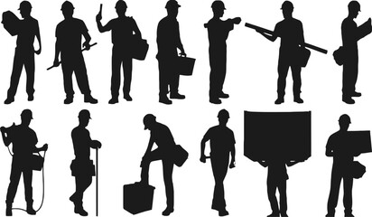 silhouette image of various construction workers