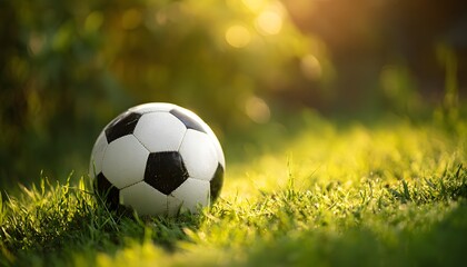 Fototapeta premium Soccer ball football on grass in sunny day