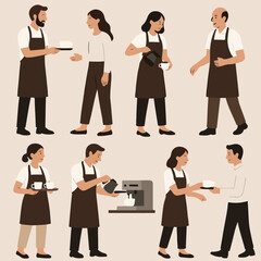 Vector Set Barista coffee shop worker people making drinks