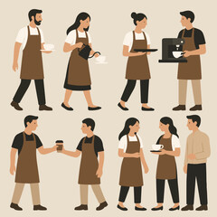 Obraz premium Vector Set Barista coffee shop worker people making drinks
