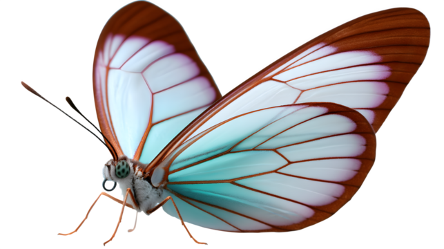Butterfly flying at a slight angle, translucent wing edges, macro detail visible, clean cutout format