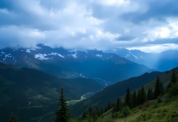 Misty Mountain Valley with Snow Peaks and Forests