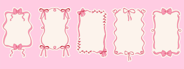 Coquette bow decorative frames set with pink ribbons. Modern hand drawn whimsical borders for invitations and cards