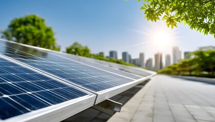 Fototapeta premium Photovoltaic solar power panel in city with sun light. Green power concept