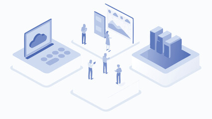 Fototapeta premium Isometric illustration of cloud computing with people analyzing data on screens and servers