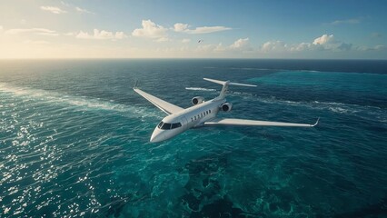 A beautiful airplane gracefully soaring above the vast, deep blue ocean, creating a stunning visual contrast between the sleek aircraft and the endless watery expanse below