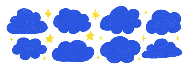 Fototapeta premium Hand drawn blue clouds and yellow stars set. Cute crayon doodle sky elements in kids style. Vector illustration on white background.