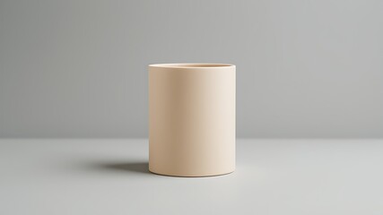 A minimalist beige cylindrical vase stands alone on a smooth gray surface against a soft gray background