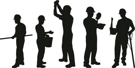 silhouette men holding tools and equipment