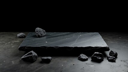 A dark slate slab and scattered rough black stones on a textured dark surface with a black background