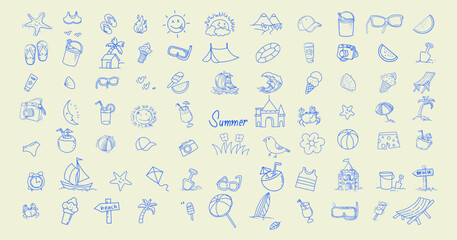 Set of summer items icon sign and symbol illustration. Icons related to summer vacation tropical sea, beach and travel.