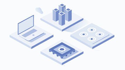 Fototapeta premium Isometric view of laptop towers circuit board and data storage on platform design concept art