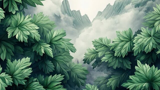 Lush green foliage enveloping misty mountains