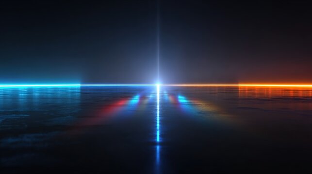 3d technology abstract neon light background, empty space scene, spotlight, dark night, virtual reality, cyber futuristic sci-fi background, street floor studio for mock up. colored geometric.