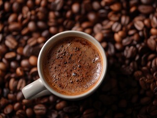 Coffee cup filled with dark liquid atop coffee beans