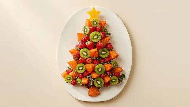A creative Christmas tree made entirely from colorful fruits and fresh vegetables stands on a festive table, symbolizing healthy holiday celebrations, seasonal joy, and artistic culinary decoration