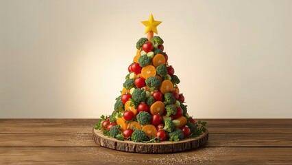 A creative Christmas tree made entirely from colorful fruits and fresh vegetables stands on a festive table, symbolizing healthy holiday celebrations, seasonal joy, and artistic culinary decoration