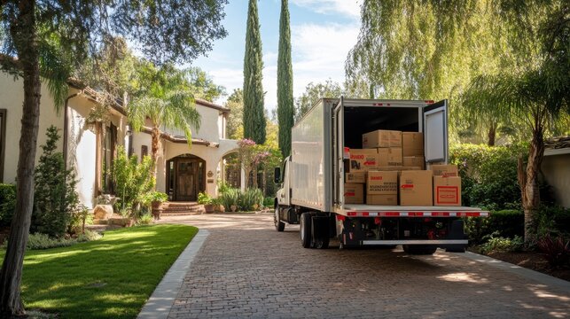 Moving truck with boxes parked in front of a luxury home.