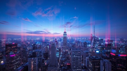 Obraz premium A futuristic cityscape illuminated by bright neon lights in shades of blue, pink, and purple creates a night scene full of energy, technology, and a cyberpunk atmosphere in a modern urban environment