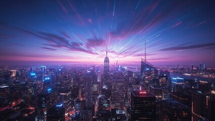 Fototapeta premium A futuristic cityscape illuminated by bright neon lights in shades of blue, pink, and purple creates a night scene full of energy, technology, and a cyberpunk atmosphere in a modern urban environment