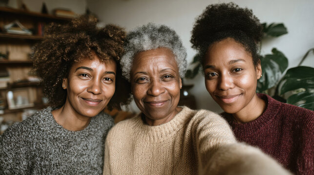 Three Black women family of different generations smile during a cozy family selfie at home
