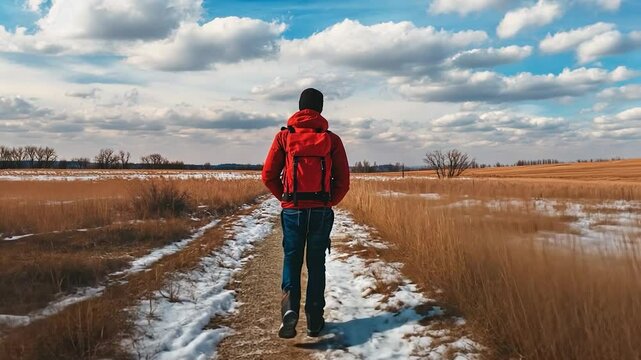 Person hiking on a snowy path through a field under a partly cloudy sky