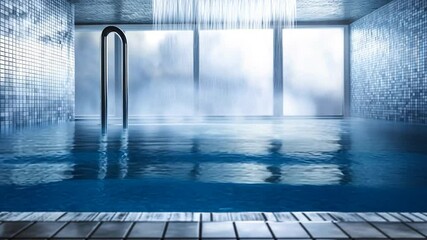 Indoor pool with tiled walls and a water feature
