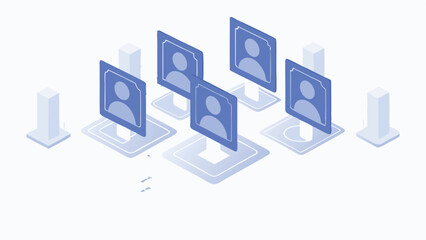 Isometric representation of user profiles with blue icons and simple geometric shapes design concept