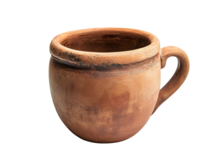 Ancient terracotta clay pot with handle isolated on transparent background