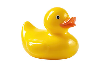 A classic yellow rubber duck toy on a white isolated background, perfect for bath time fun and kids' play.
