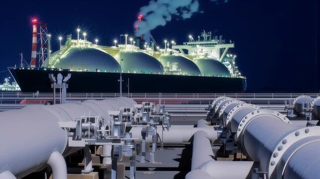 Complex pipeline network transporting liquefied natural gas, LNG, at a bustling port, illuminated by artificial lights, with a large tanker moored at the dock